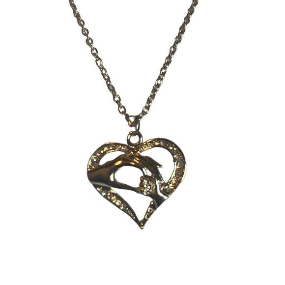 Silver Tone Diamond Heart Mother Child Holding Hands Pendant Adjustable Necklace - Picture 2 of 5